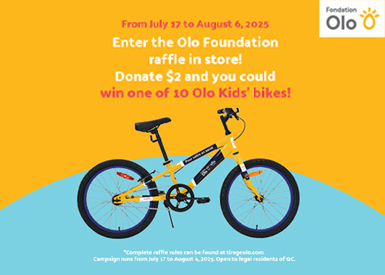 Text reading: "From July 17 to August 6, 2025. Enter the Olo Foundation raffle in store! Donate $2 and you could win one of 10 Olo Kids’ bikes. Complete raffle rules can be found at tlrageolo.com."